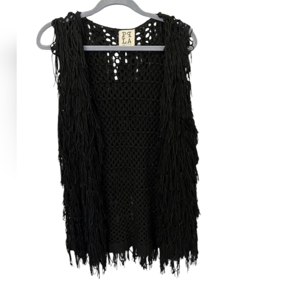 PPLA Black Crochet Fringe Boho Knit Vest